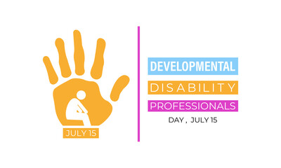 Developmental Disability Professionals Day is celebrated on July 15. People, heart ,puzzzle and hand icon banner. Design for web banner, cards, prints, social media, poster, flyer and background.