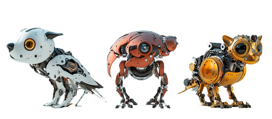 Fototapeta premium Set of 3 animal-inspired robots - a robotic with metallic bodies. Each element separately