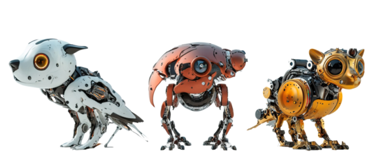 Set of 3 animal-inspired robots - a robotic with metallic bodies. Each element separately