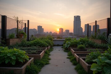 Fototapeta premium A view of a city skyline at sunset from a walkway.