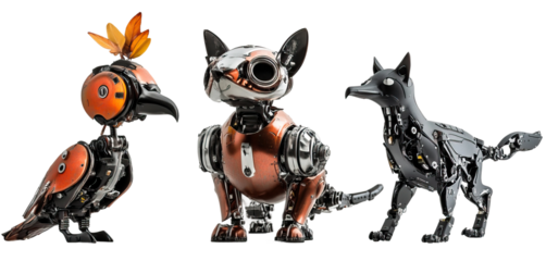 Set of 3 animal-inspired robots - a robotic with metallic bodies. Each element separately