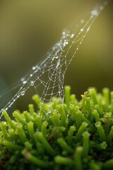 A close-up view of a spider web with water drops on it.