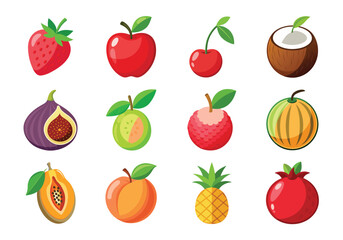 vector fruit icons set Apple icon, pineapple, Fig, peach , cherry  ,of vibrant colourful fruit illustrations for fresh and organic design on white background