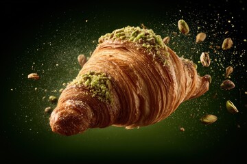 Pistachio croissant exploding on dark green background
