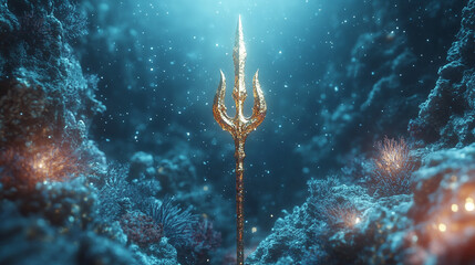 Stylized gold trident placed against a bright, blurred natural background with coral and rocks. Elegant, mythological, and symbolic imagery suitable for fantasy, mythology, and creative design concept