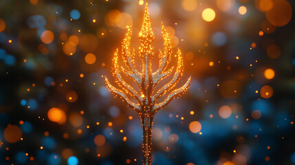 Stylized gold trident placed against a bright, blurred natural background with coral and rocks. Elegant, mythological, and symbolic imagery suitable for fantasy, mythology, and creative design concept