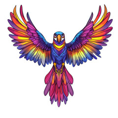 Obraz premium Colorful parrot with spread wings on fly, A vibrant scarlet macaw parrot in flight with its wings spread wide against, isolated on transparent background