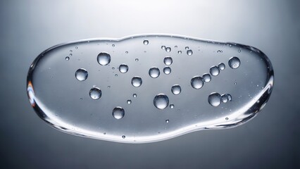 Gel droplet with air bubbles, close up detail on grey background