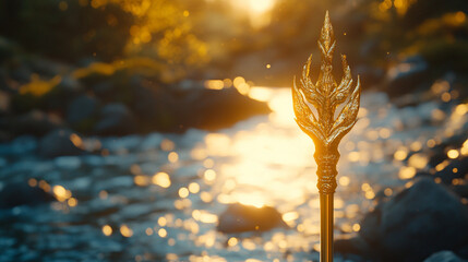 Stylized gold trident placed against a bright, blurred natural background with coral and rocks. Elegant, mythological, and symbolic imagery suitable for fantasy, mythology, and creative design concept