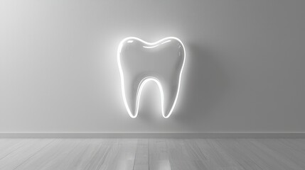 Photo, A smiling tooth logo with a shiny finish, placed on the wall of a modern dental office, gentle light illuminating the design, sleek and professional