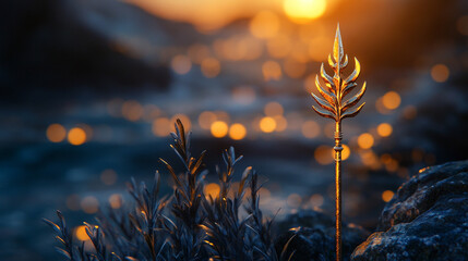 Stylized gold trident placed against a bright, blurred natural background with coral and rocks. Elegant, mythological, and symbolic imagery suitable for fantasy, mythology, and creative design concept