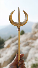 Stylized gold trident placed against a bright, blurred natural background with coral and rocks. Elegant, mythological, and symbolic imagery suitable for fantasy, mythology, and creative design concept