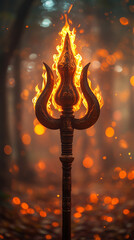 Stylized gold trident placed against a bright, blurred natural background with coral and rocks. Elegant, mythological, and symbolic imagery suitable for fantasy, mythology, and creative design concept