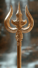 Stylized gold trident placed against a bright, blurred natural background with coral and rocks. Elegant, mythological, and symbolic imagery suitable for fantasy, mythology, and creative design concept
