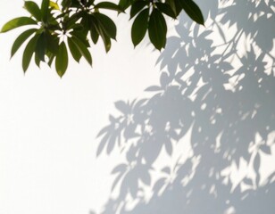 Tropical Leaves and Shadows on a White Wall in Bright Sunlight