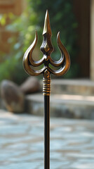 Stylized gold trident placed against a bright, blurred natural background with coral and rocks. Elegant, mythological, and symbolic imagery suitable for fantasy, mythology, and creative design concept