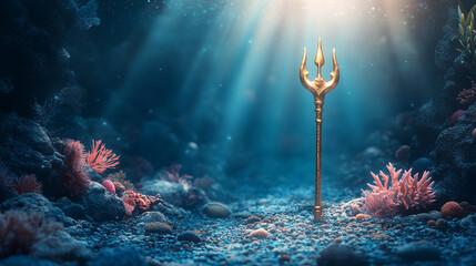 Stylized gold trident placed against a bright, blurred natural background with coral and rocks. Elegant, mythological, and symbolic imagery suitable for fantasy, mythology, and creative design concept