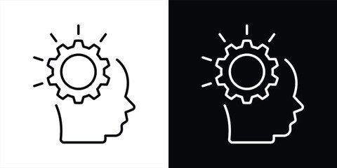 innovation icon. containing ideas, creativity, and problem solving with a bold gear within head thin line icon symbol sign. vector illustration
