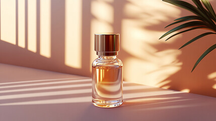 Transparent glass vial with metallic cap standing upright on a clean light background. Minimalistic 3D rendering mockup concept, ideal for branding, packaging design, and pharmaceutical product presen