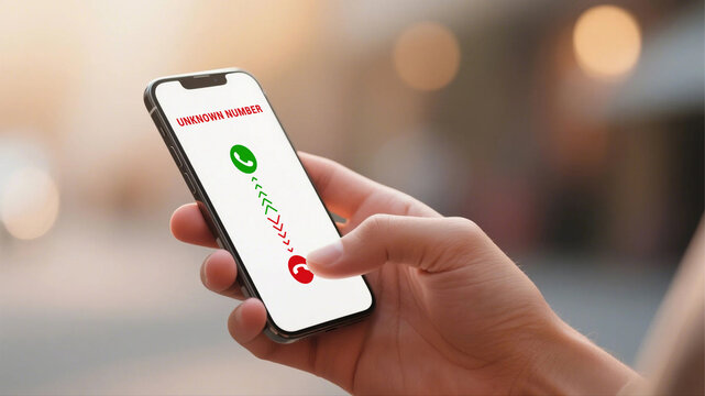 Person declining an incoming call from an unknown number on a mobile phone, suggesting spam or unwanted communication Ideal for articles about phone security.