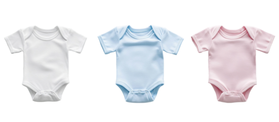 Set of baby onesies - soft cotton onesies in white, light blue, and light pink colors.