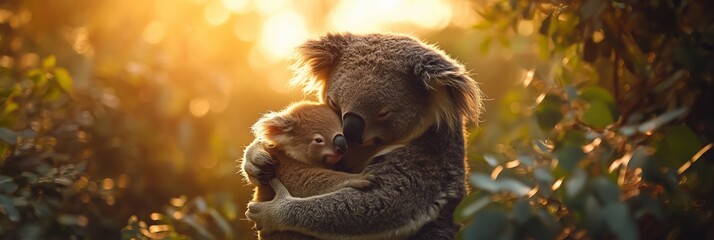 Koala mother gently embraces her joey in a lush forest during golden hour at sunset in Australia