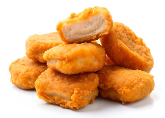 Crispy golden chicken nuggets isolated on white background, arranged in an appetizing display.