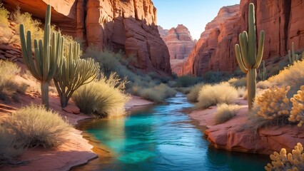 Stunning Desert Oasis Wallpaper Turquoise Stream, Red Rock Canyon, and Majestic Cacti - High-Resolution Nature Photography