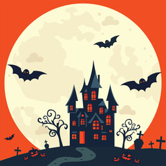 halloween night flat vector illustration in orange tones with moon and castle.