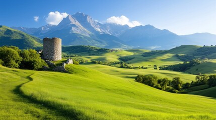 Scenic countryside landscape featuring a stone tower and majestic mountains under a clear sky