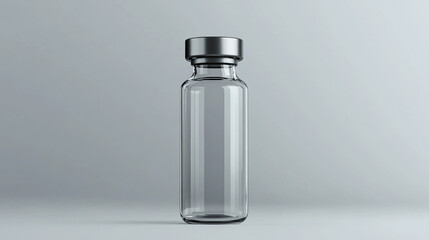 Transparent glass vial with metallic cap standing upright on a clean light background. Minimalistic 3D rendering mockup concept, ideal for branding, packaging design, and pharmaceutical product presen