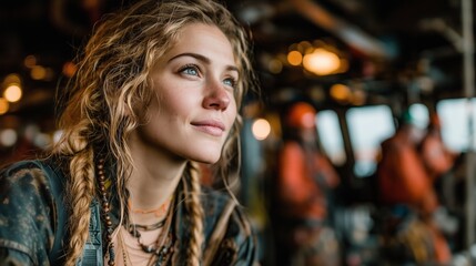 Woman with braided hair gazes thoughtfully while working in a lively industrial setting during the afternoon