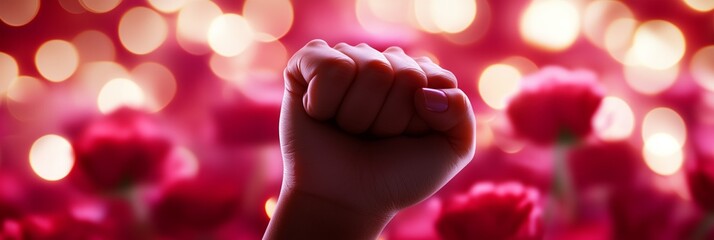 Fist raised in solidarity with vibrant flowers and soft lights in the background