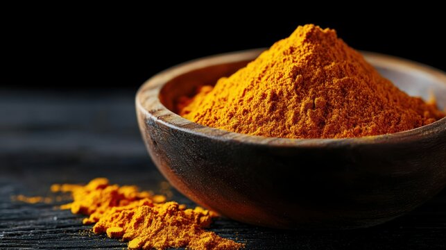 Golden spice powder in wooden bowl