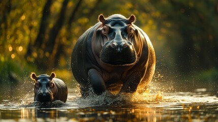 Hippos running at sunset in a river, capturing the beauty of wildlife in a natural habitat