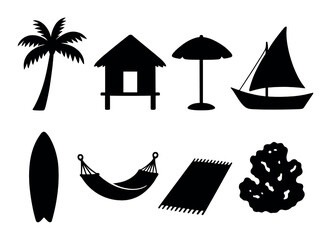 Beach and ocean silhouette icons set – coastal, seaside and maritime symbols