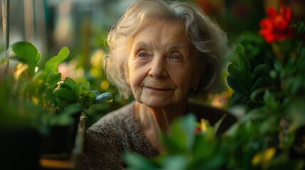 Elderly woman enjoying time in a vibrant greenhouse filled with blooming plants and flowers during a sunny afternoon