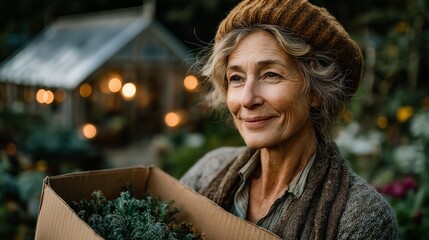 Gardening enthusiast holds a box of fresh herbs at a garden in the evening with warm lights glowing in the background