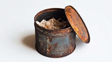Rusty metal tin with paper inside, open lid