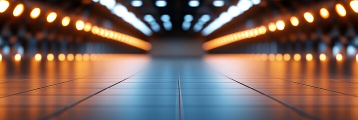 Dimly lit corridor showcasing warm lighting effect along a tiled floor with reflections in a contemporary architectural setting
