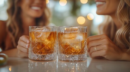 Friends enjoy cocktails together at a lively bar during a warm evening gathering