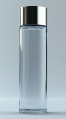 Transparent glass vial with metallic cap standing upright on a clean light background. Minimalistic 3D rendering mockup concept, ideal for branding, packaging design, and pharmaceutical product presen