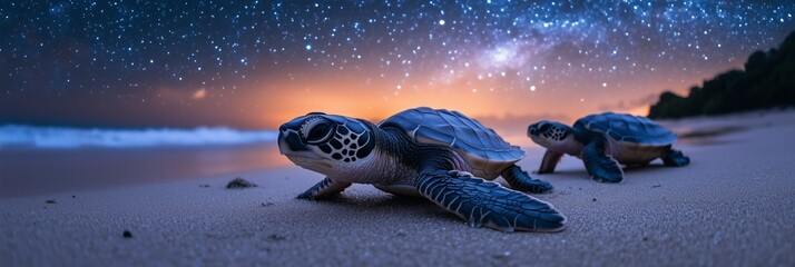 Baby sea turtles hatch and make their way to the ocean under a starry sky at twilight on a sandy beach