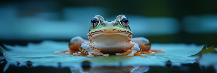 Colorful frog resting on a large green leaf in a tranquil wetland at dusk