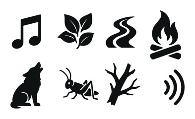 Forest sound silhouette icons set – nature, wildlife and adventure symbols