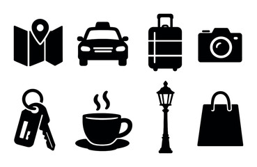 City trip silhouette icons set – travel, urban and adventure symbol collection