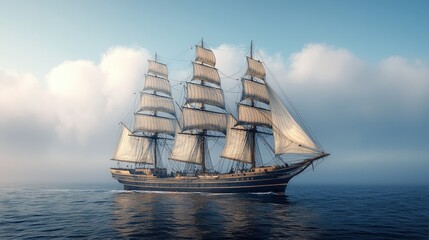 Grand sailing ship on a misty sea