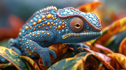 Vibrant chameleon perched on colorful leaves in a lush garden, showcasing its intricate patterns and colors during daylight