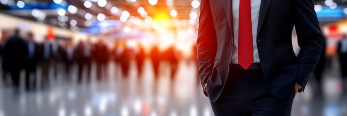 Business professional walks confidently through busy conference hall during networking event in a modern venue