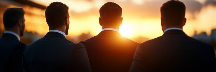 Group of men in suits admire sunset skyline in urban setting during evening hours